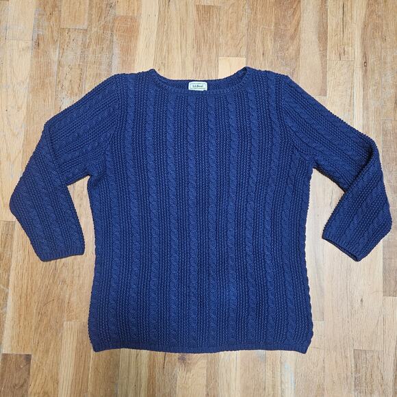 LL Bean Blue Cotton Fisherman Sweater Womens M Cable Knit Preppy‎ - Picture 8 of 8